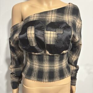 Plaid Off Shoulder Crop Top Smocked Long Sleeve Street Style Casual Urban Sz XS